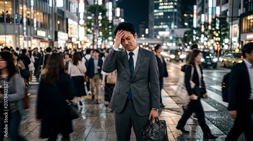 A businessman shields his eyes from the city lights while standing on a busy street at night.