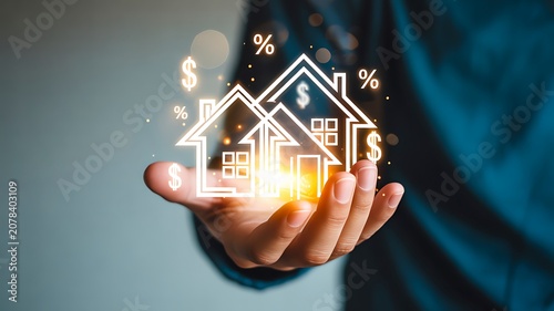 Glowing house with financial icons representing mortgage and real estate investment