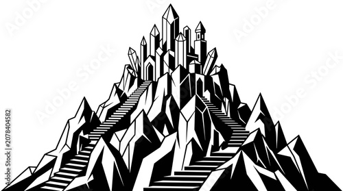 Sharp towering mountain with crystal peaks and stairway leading to summit in stylized black