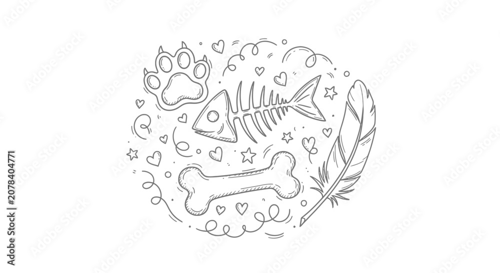 Fototapeta premium A whimsical illustration of a paw print, fish skeleton, bone, and feather surrounded by hearts and stars.