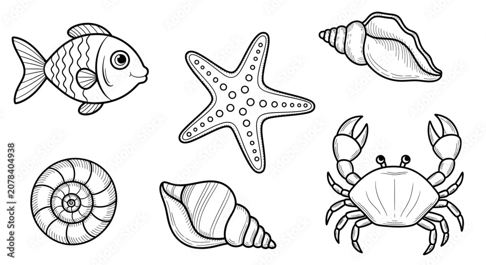 Obraz premium A colorful illustration of various sea creatures including a fish, starfish, crab, and seashells in a vibrant ocean scene with Whisk_eb3ad59492ded4ca42142e9390353370dr.svg elements.