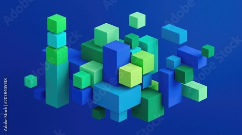 A cluster of floating 3d cubes and rectangular blocks in various shades of blue and green against a solid dark blue background composition