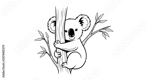Photography Cute Koala Bear Clinging to a Tree Branch Line Art Illustration