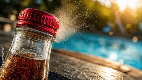 Glass bottle of carbonated beverage with red cap, spraying liquid, positioned on a stone surface near a swimming pool, with sunlight reflecting off the water in the background