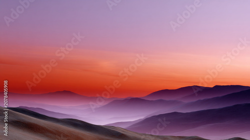 Vibrant mountain landscape portraying serene sunset or tranquil sunrise. Majestic sky features breathtaking color gradient with shades of purple, orange, red, evoking calm and natural beauty