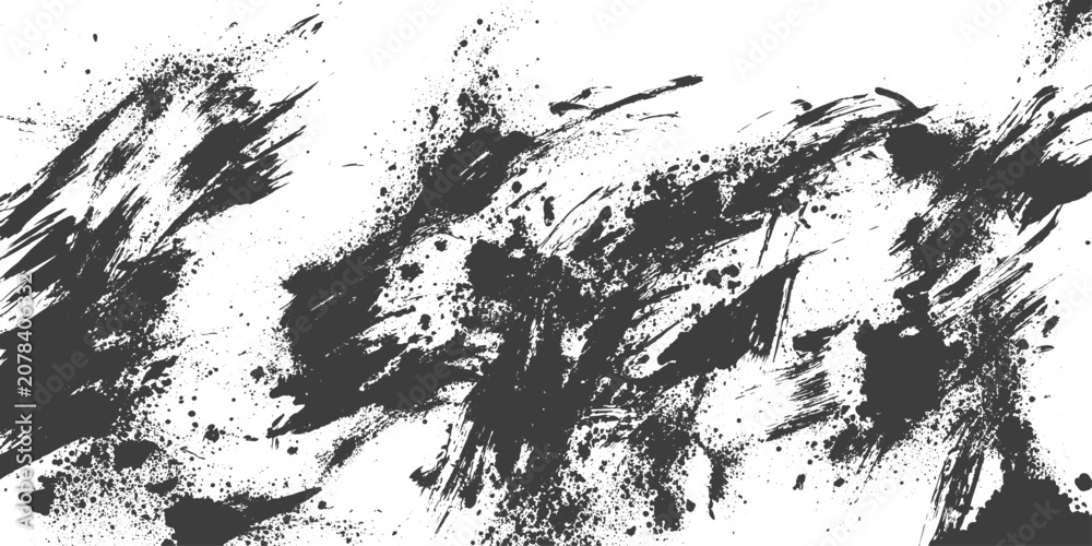 Obraz premium Abstract Black Ink Splashes and Expressive Brush Strokes on White Background Vector Grunge Texture Illustration