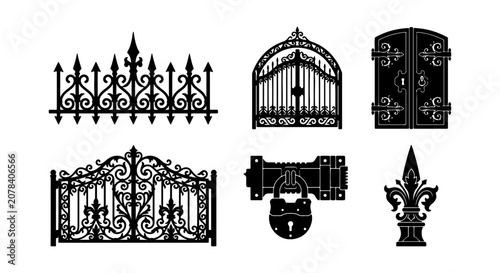 Fotografie Ornate Wrought Iron Gate and Fence Elements, Decorative Entryway Designs, Securi