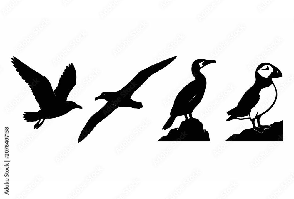 Obraz premium Black silhouette seabirds vector illustration set featuring flying seagull albatross perched cormorant and atlantic puffin isolated on white background,