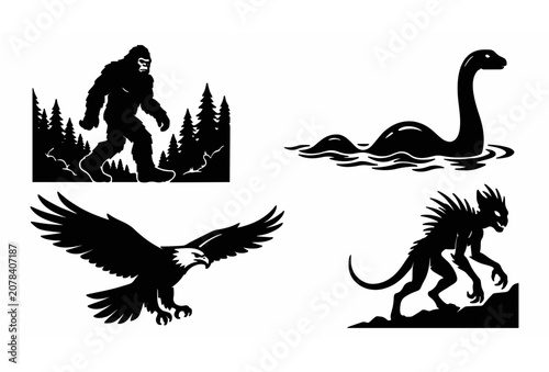 Cuadro en lienzo Black silhouette mythical cryptids vector illustration set featuring bigfoot loc