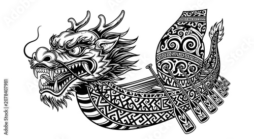 Cuadro en lienzo Detailed Dragon Boat Illustration with Tribal Pattern Art