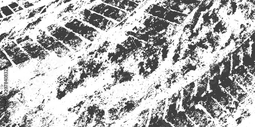 Black and White Grunge Tire Track Texture Vector Illustration with Distressed Tread Pattern Background