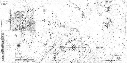 Abstract Monochrome Topographic Map with Distressed Xerox Texture and Technical Data