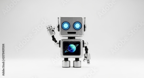 Friendly cartoon robot with bright blue eyes and a planet on its chest waves hello