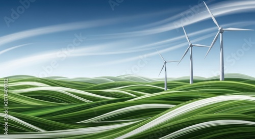 Renewable energy wind turbines grace rolling green hills under a vast blue sky