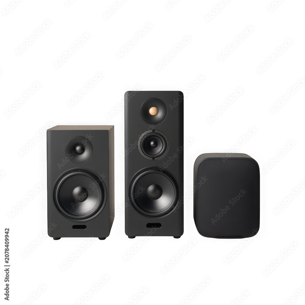 Fototapeta premium Three black computer speakers on display