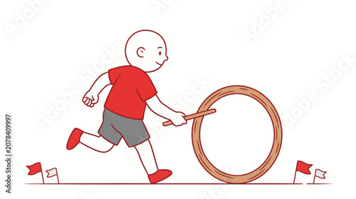 Fényképezés Illustration of boy playing traditional hoop and stick game.