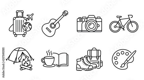 Foto Minimalist vector hobbies icons set featuring travel, hiking, photography, paint