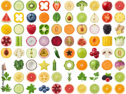 Vibrant fruit and vegetable slices on a white background, showcasing a variety of healthy food options in a colorful and appetizing display.