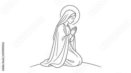 Kneeling figure in flowing robe praying with hands clasped in serene devotion line art illustration