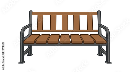 Empty wooden park bench with metal legs in natural outdoor setting minimalist style