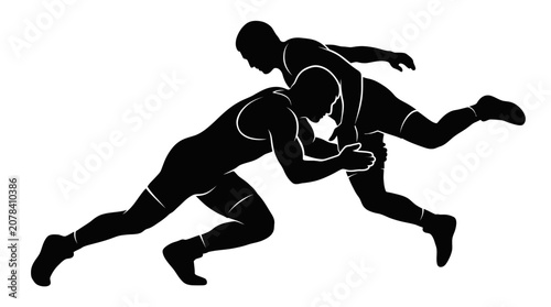 Silhouette of Two Wrestlers in Dynamic Takedown Pose on White Background