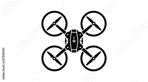 Hovering black quadcopter drone with four propellers isolated on white background