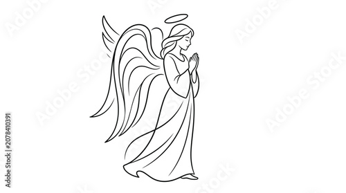 Elegant Minimalist Line Art Illustration of an Angel with Wings and Halo