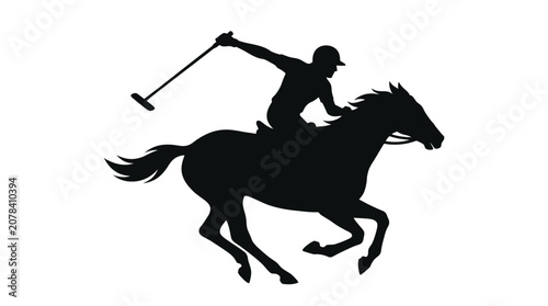 Polo player swinging mallet on galloping horse in dynamic black silhouette