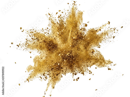 Golden powder explosion on white background, dynamic burst of vibrant brown dust