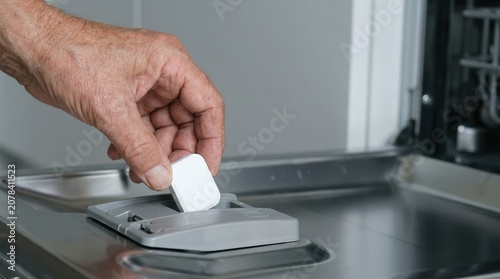 Elderly Person Placing Dishwasher Tablet into Detergent Dispenser for Household Cleaning Routine