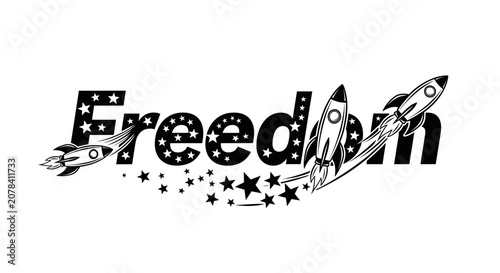 Freedom Typography Design with Rockets and Stars