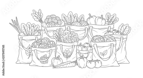 Fresh Vegetables in Reusable Cloth Bags Line Art