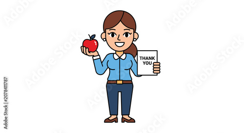 Friendly Female Teacher Holding Red Apple and Thank You Sign