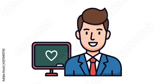 Friendly Male Teacher Presenting Heart Symbol on Classroom Blackboard