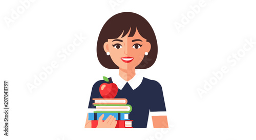 Friendly Female Teacher Holding Books and Red Apple