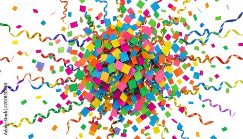 Colorful confetti and curling ribbons isolated on a transparent background. Bright festive design element perfect for celebrations, birthdays, holidays, party invitations, marketing campaigns.