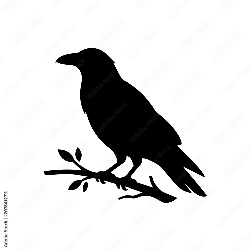 Fototapeta premium A black silhouette of a bird perched on a small branch with leaves.