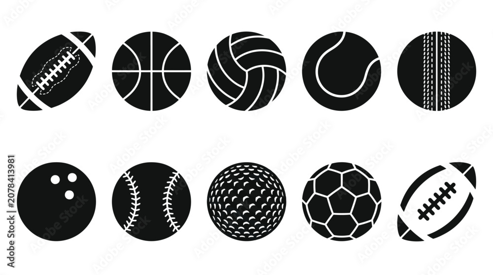 Obraz premium Minimalist Sports Ball Icon Set – Black and White Vector Collection