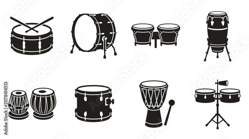 Photos Minimalist vector percussion instruments icons set featuring snare, bass drum, b