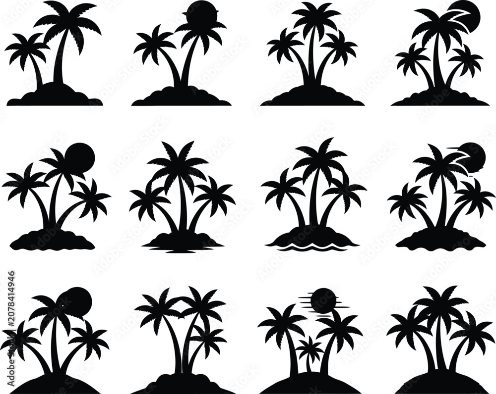 Fototapeta premium Tropical island palm tree silhouettes collection vector graphics for summer designs and vacation themes