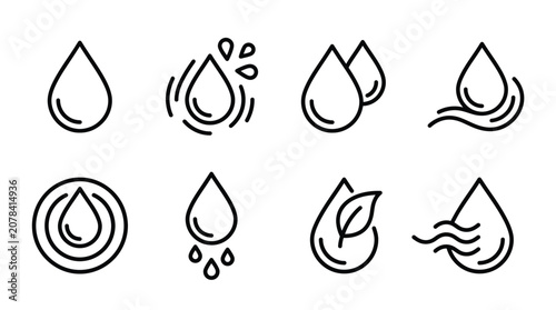 Foto Minimalist vector water droplet icons set featuring purity, splash, ripple, leaf