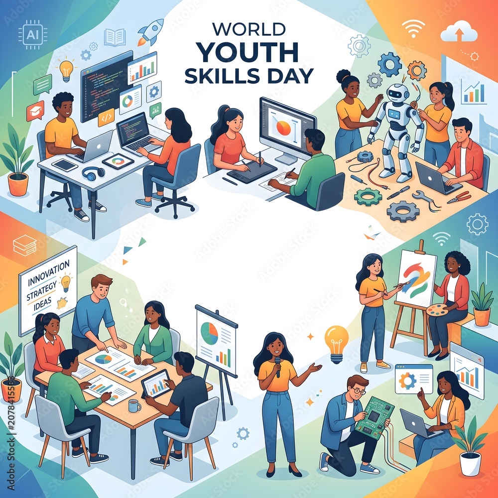Naklejka premium Premium Educational Illustration Featuring Young Innovators Collaborating on Future Career Skills