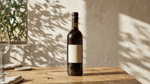 A dark wine bottle with a blank label standing on a rustic wooden table, with soft shadows of leaves cast on a textured beige wall background