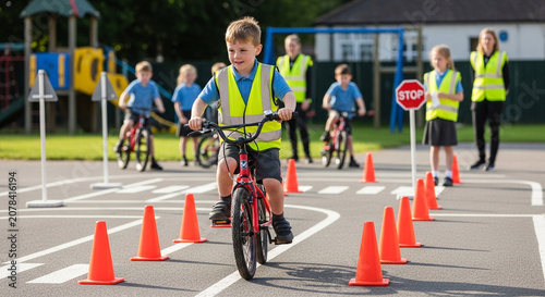 Young boy learning to ride a bicycle on a traffic safety course with cones and stop sign