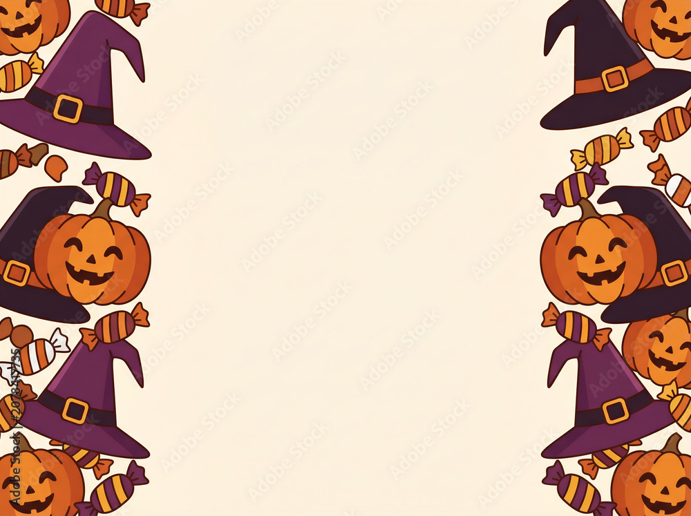 Fototapeta premium Halloween pumpkin and witch hat border frame with candy