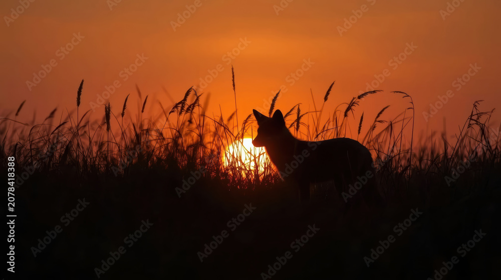 Fototapeta premium Silhouette fox sunset grassland quiet golden light
