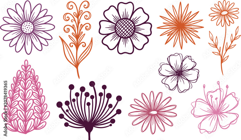 Fototapeta premium Hand Drawn Botanical Line Art Flower and Leaf Element Set with Cute Swirl Branches and Daisies for Organic Logo Designs Vector Illustration