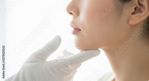 Close up of doctor's gloved hand gently touching a patient's chin during examination