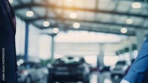 Businessman and engineer shake hands in car factory, close up. Buyer of car shaking hands with seller in auto dealership. Concept of choosing and buying new car at showroom.