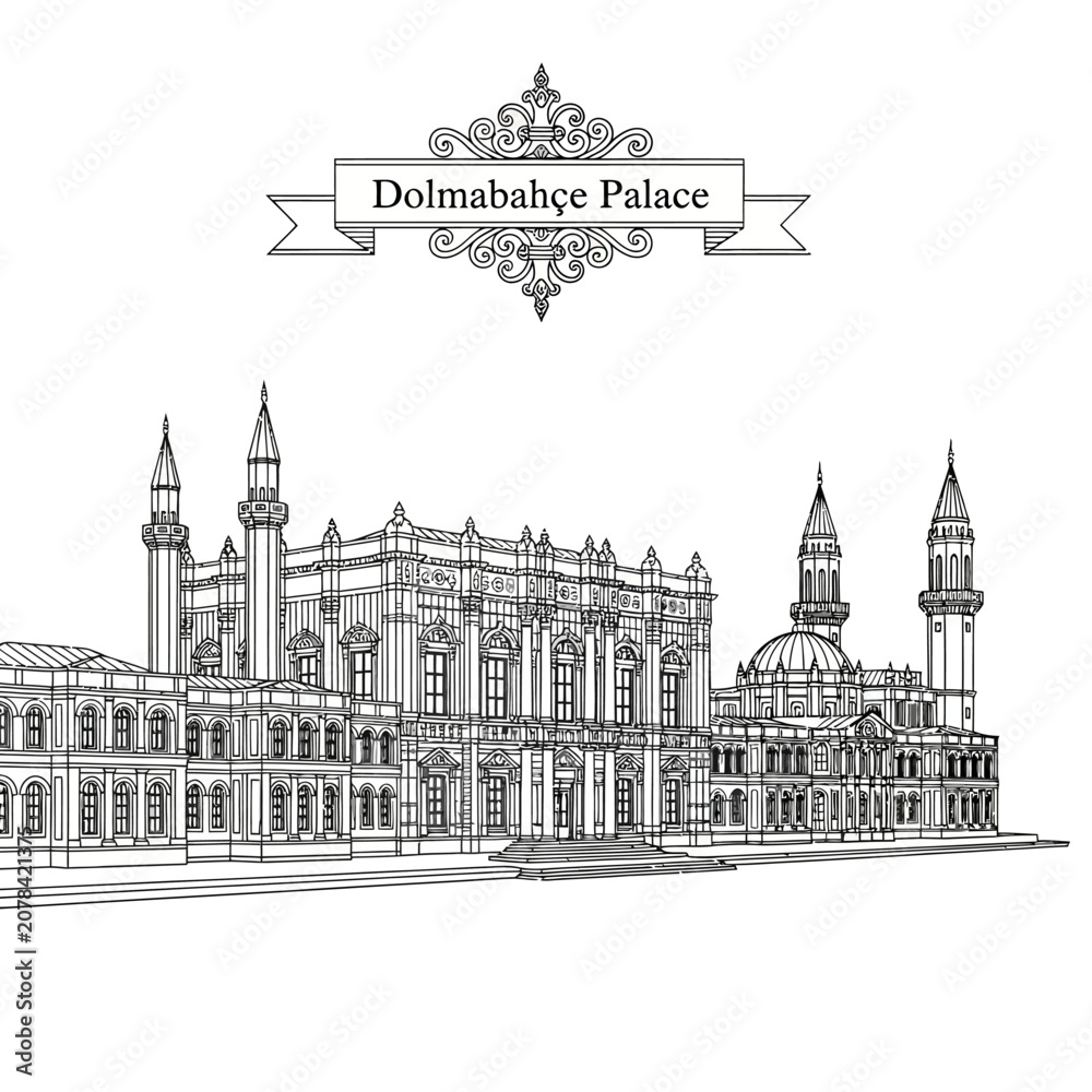 Fototapeta premium Dolmabahçe Palace Istanbul Sketch Outline Drawing White Background